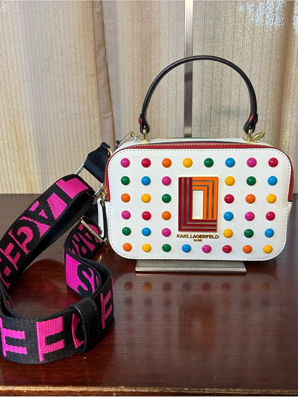 Karl Lagerfeld White Camera-Style Crossbody with Multicolor Studs and Pink Strap
